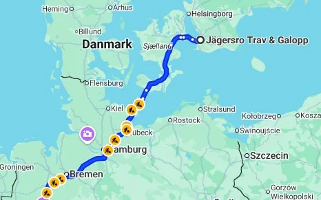 Karta över rutten Malmö, Jägersro till Köln, Galopprennbahn