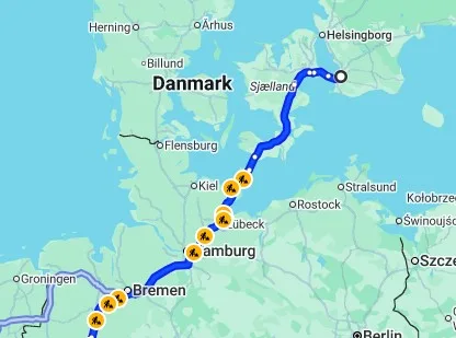 Karta över rutten Stockholm-Malmö-Danmark-Tyskland-Nederländerna-Belgien-Frankrike-Normandie